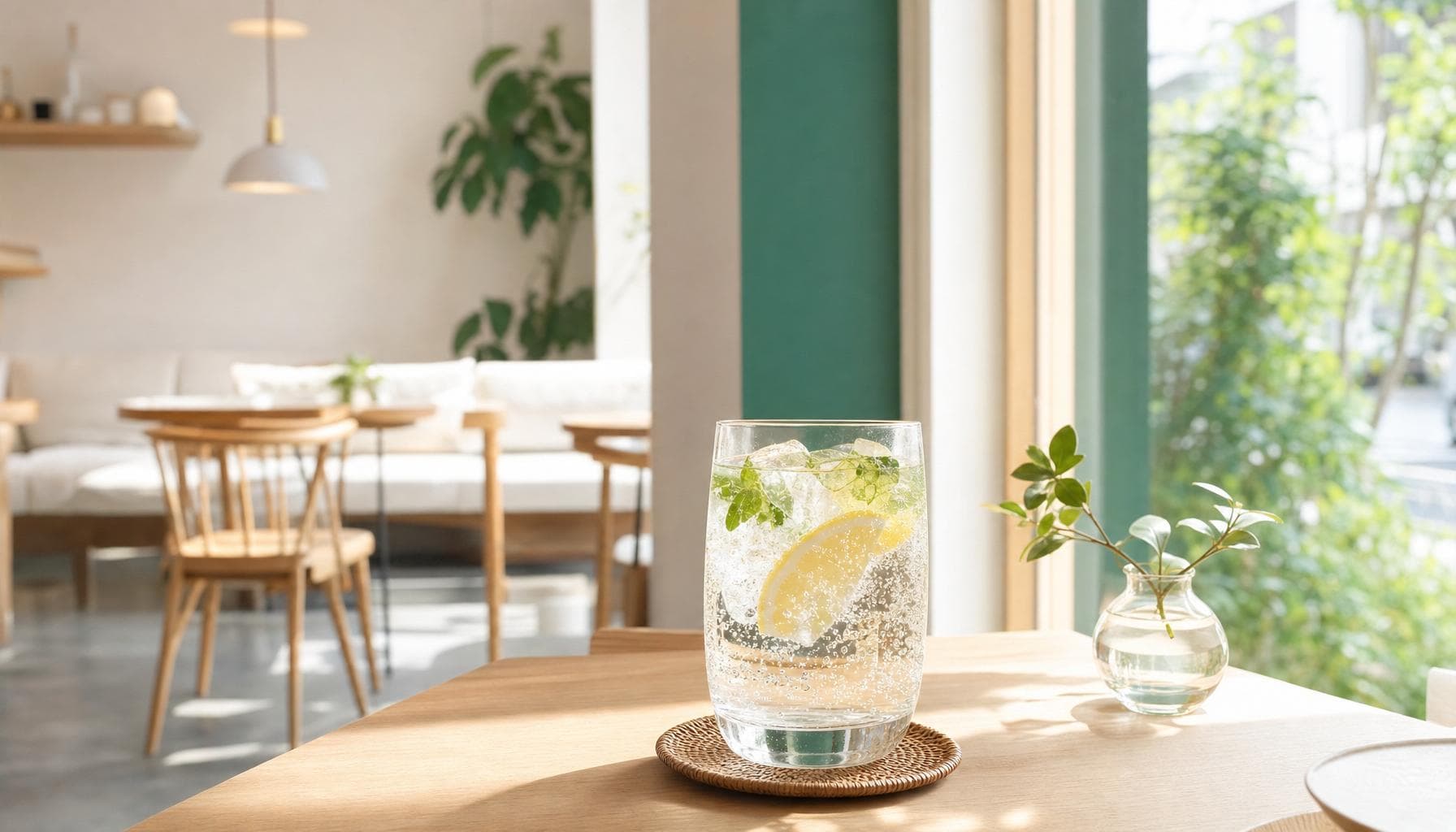 光あふれるカフェで楽しむノンアルコールのスパークリングドリンク